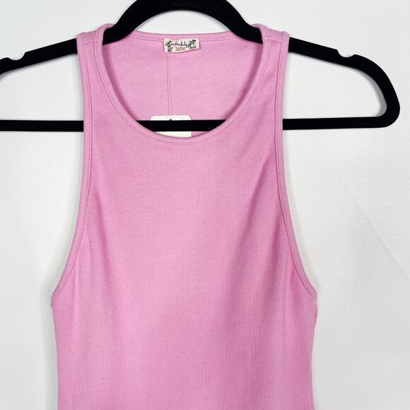 New Free People Small Mauve Pink High Neck Ribbed Bodysuit Tank Top Snap Closure - Picture 3 of 9